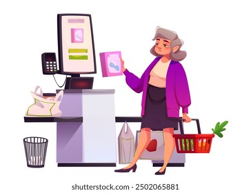 Frau mit Selbstkasse Kiosk im Supermarkt. Cartoon Vektor erwachsenen weiblichen Käufer Warenkorb mit Lebensmitteln und Scannen Produkte auf automatisierten unbemannten Kasse Schreibtisch mit Bildschirm und Post-Terminal.