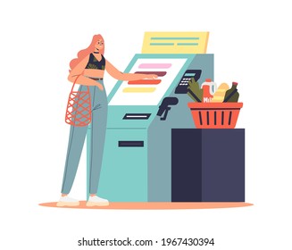 Woman Using Self Service Cashier Terminal In Supermarket To Pay For Products Online. Contactless Payment And Checkout In Retail Store Concept. Cartoon Flat Vector Illustration