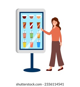 Woman using self service kiosk in ordering beverage in flat design on white background.