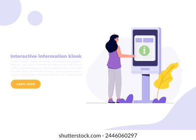 Woman using self service terminal, Interactive information kiosk concept. Flat Vector illustration for banner, website, landing page, flyer.
