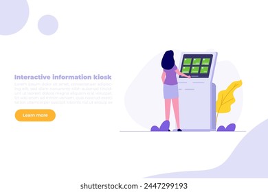 Mujer usando terminal de autoservicio, concepto de quiosco de información interactivo. Ilustración vectorial plana para Anuncio, Sitio web, landing page, flyer.
