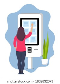 Woman using self-service payment and information electronic terminal with touch screen. Vector illustration in flat style