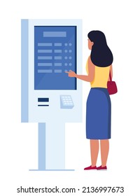 Woman using self-service payment and information electronic terminal with touch screen. Vector illustration in flat style