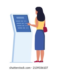 Woman using self-service payment and information electronic terminal with touch screen. Vector illustration in flat style