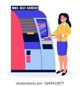 Mulher usando armário de transporte self-service. Ilustração vetorial. Mulher com caixa postal perto de entrega automática de encomendas. Conceito para serviços de entrega, comércio eletrônico, logística, correio sem contato ou vida na cidade