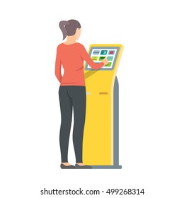 Woman using self-service terminal. Vector isolated illustration