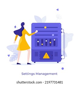 Woman using sliders on control panel or dashboard. Concept of settings management, changing configuration of website, software product or application. Flat vector illustration for poster, banner.