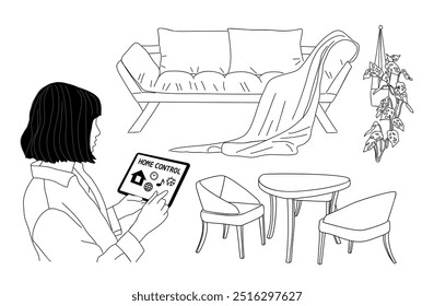 Woman using smart home application in living room