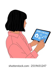 Woman using smart home control panel isolated