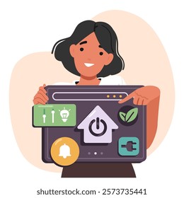 Woman using smart home services to control economic renewable green energy management, alarm system features cartoon scene. Female character interacting with mobile iot interface vector illustration