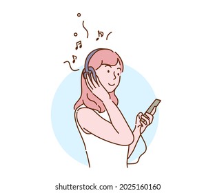 Woman using smart mobile phone and listening the music via Head cover headphones,Entertainment and lifestyle concept. Hand drawn in thin line style, vector illustrations.