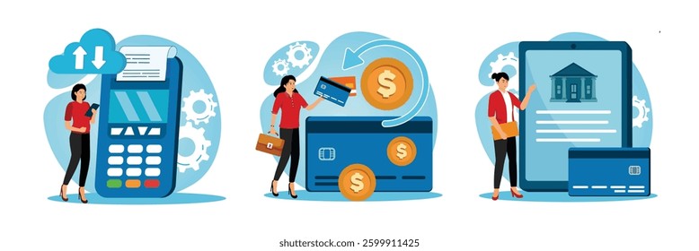 Woman using a smart phone next to a digital payment terminal. Business Woman manages money with credit cards, wallets and dollars to manage Chargeback. Integration of technology in banking. 