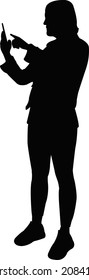 a woman using smart phone, silhouette vector
