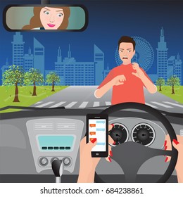 Woman using smart phone while driving the car when man crossing the road, traffic accident graphic design conceptual vector illustration.