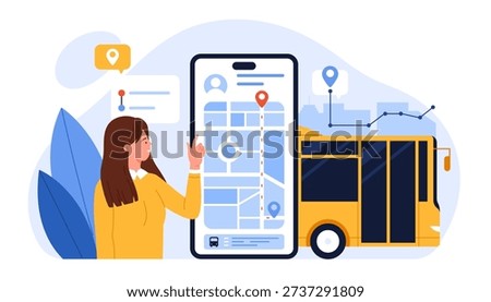Woman using smartphone app to track city bus location and route in real time, showing urban public transport management and digital navigation system, isolated on white background vector illustration
