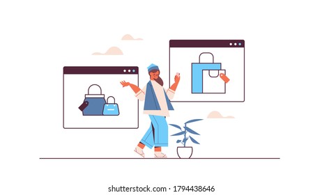 woman using smartphone application for online shopping ordering and paying e-commerce smart purchasing concept horizontal full length vector illustration