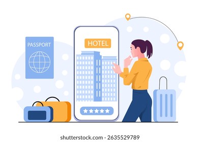 Woman using a smartphone to book a hotel room, surrounded by luggage and passport, flat graphic style on a light abstract background. Concept of travel planning. Vector illustration