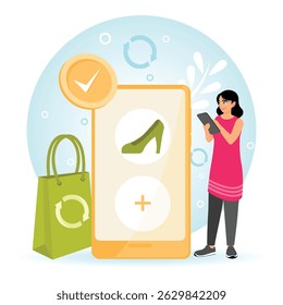 A woman using a smartphone to buy recycling eco friendly shoes to Promoting eco-friendly lifestyle choices. Waste reduction concept.