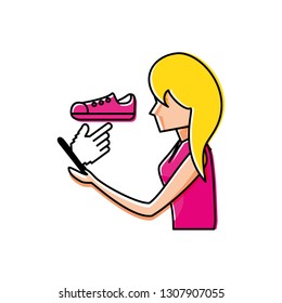 woman using smartphone buying shoes