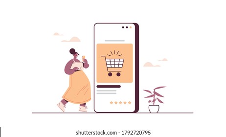 woman using smartphone buying things in online store sale consumerism online shopping ecommerce smart purchasing concept horizontal full length vector illustration