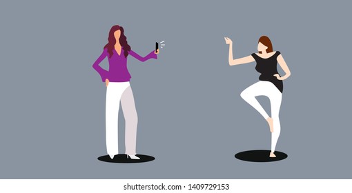 woman using smartphone camera girl taking photo of young attractive female model fashion shoot concept sketch doodle horizontal full length