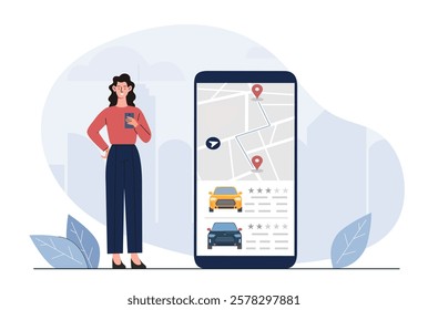 Woman using a smartphone with a car navigation app on a giant screen. Urban setting, leaves, modern flat design. Concept of ride-hailing and navigation. Vector illustration