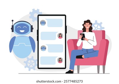 Woman using a smartphone to chat with a friendly chatbot, depicted on a screen. Modern graphic design with gears in the background. Vector illustration