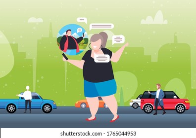 woman using smartphone chatting with man discussing daily news chat bubble communication concept cityscape background horizontal full length vector illustration