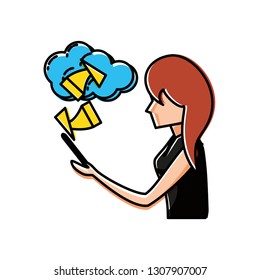 woman using smartphone with cloud computing