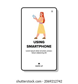 Woman Using Smartphone For Communication Vector. Young Girl Walking Outdoor And Using Smartphone For Conversation Or Searching Information Online. Character Web Flat Cartoon Illustration