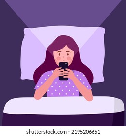 Woman using smartphone in dark room flat design. Girl addict social media and sleep late. Insomnia. Blue light from smartphone reflecting eyes.