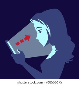 Woman using smartphone in the darkness, Light from mobile phone negatively affects to the eyes, Mobile addiction concept, Vector illustration