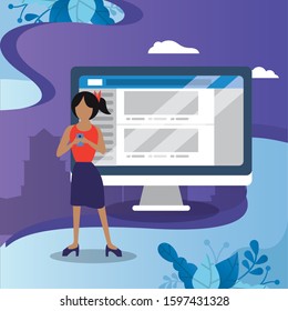 woman using smartphone and desktop with social media app vector illustration design