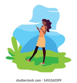 woman using smartphone device in the landscape