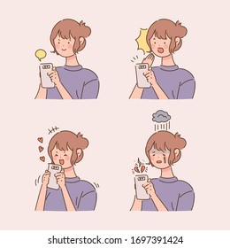 The woman is using a smartphone and expressing various emotions. Smile, surprise, joy, sadness