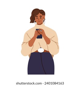 Woman using smartphone. Female character holding mobile cell phone in hand. Businesswoman looking at cellphone device, surfing internet. Flat graphic vector illustration isolated on white background