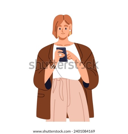 Woman using smartphone. Female character holding mobile phone in hand, surfing internet, texting business message, looking at cellphone. Flat graphic vector illustration isolated on white background
