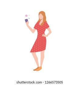 Woman using smartphone flat icon. Selfie, chat, message. Communication concept. Vector illustration can be used for topics like wireless connection, online app, social media