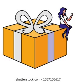 woman using smartphone with gift