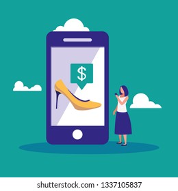 woman using smartphone with heel shoe