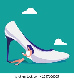 woman using smartphone with heel shoe