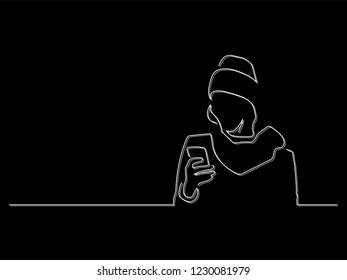 Woman using a smartphone isolated line drawing, vector illustration design.