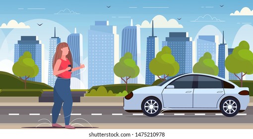 woman using smartphone mobile app online ordering taxi car sharing concept transportation carsharing service modern cityscape background horizontal full length