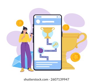 Woman using smartphone near large mobile screen showing trophy, coins, and game path icons in flat style on white background. Concept of gamification. Vector illustration