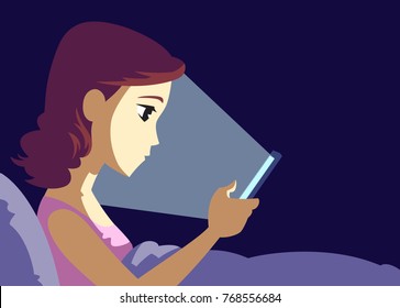 Mujer que usa smartphone en la cama en la oscuridad, Luz del teléfono móvil afecta negativamente a los ojos, Concepto de adicción móvil, ilustración vectorial