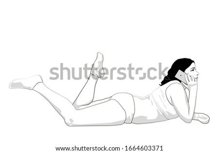 Woman using smartphone on bed. mature woman speaking on her mobile phone while lying down. black line on white background 