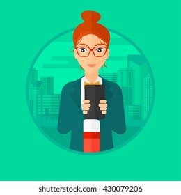 A woman using smartphone on a city background. Vector flat design illustration in the circle isolated on background.