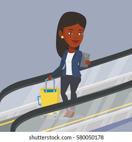 Woman using smartphone on escalator in airport. Woman standing on escalator with suitcase and looking at mobile phone. Woman going down on escalator. Vector flat design illustration. Square layout.