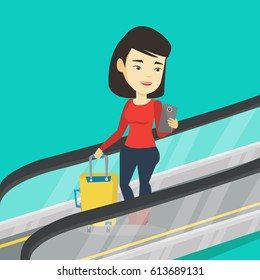Woman using smartphone on escalator in airport. Woman standing on escalator with suitcase and looking at mobile phone. Woman going down on escalator. Vector flat design illustration. Square layout.