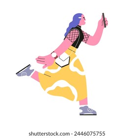 Woman using smartphone on the go. Modern happy smiling girl character hurrying, looking at mobile phone, running with cellphone on street. Flat vector illustration isolated on white background